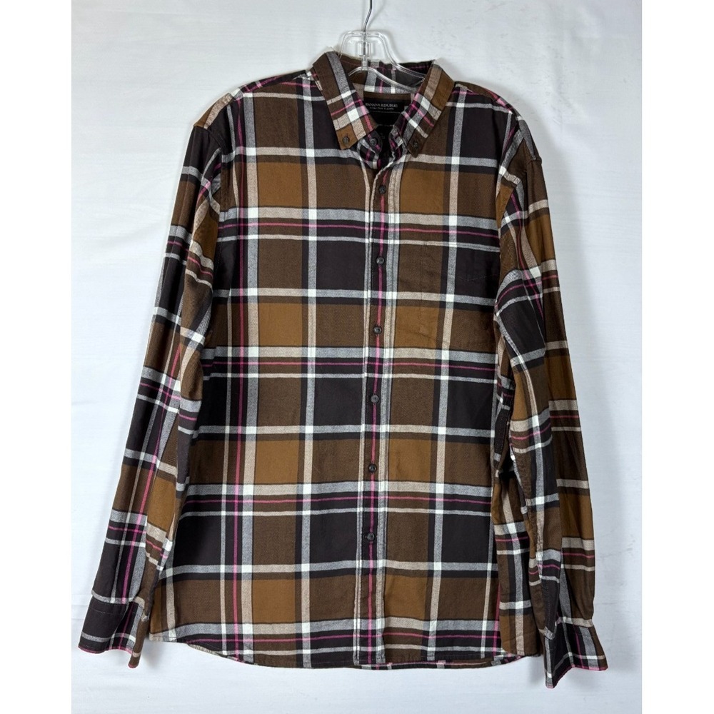 Banana Republic‎ Men's Brown's Plaid Slim Fit Untucked Flannel Shirt XL